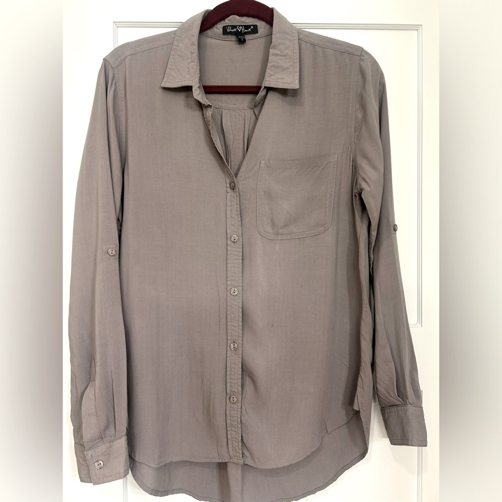 Woman’s taupe colored Velvet Heart button down shirt with roll up sleeve